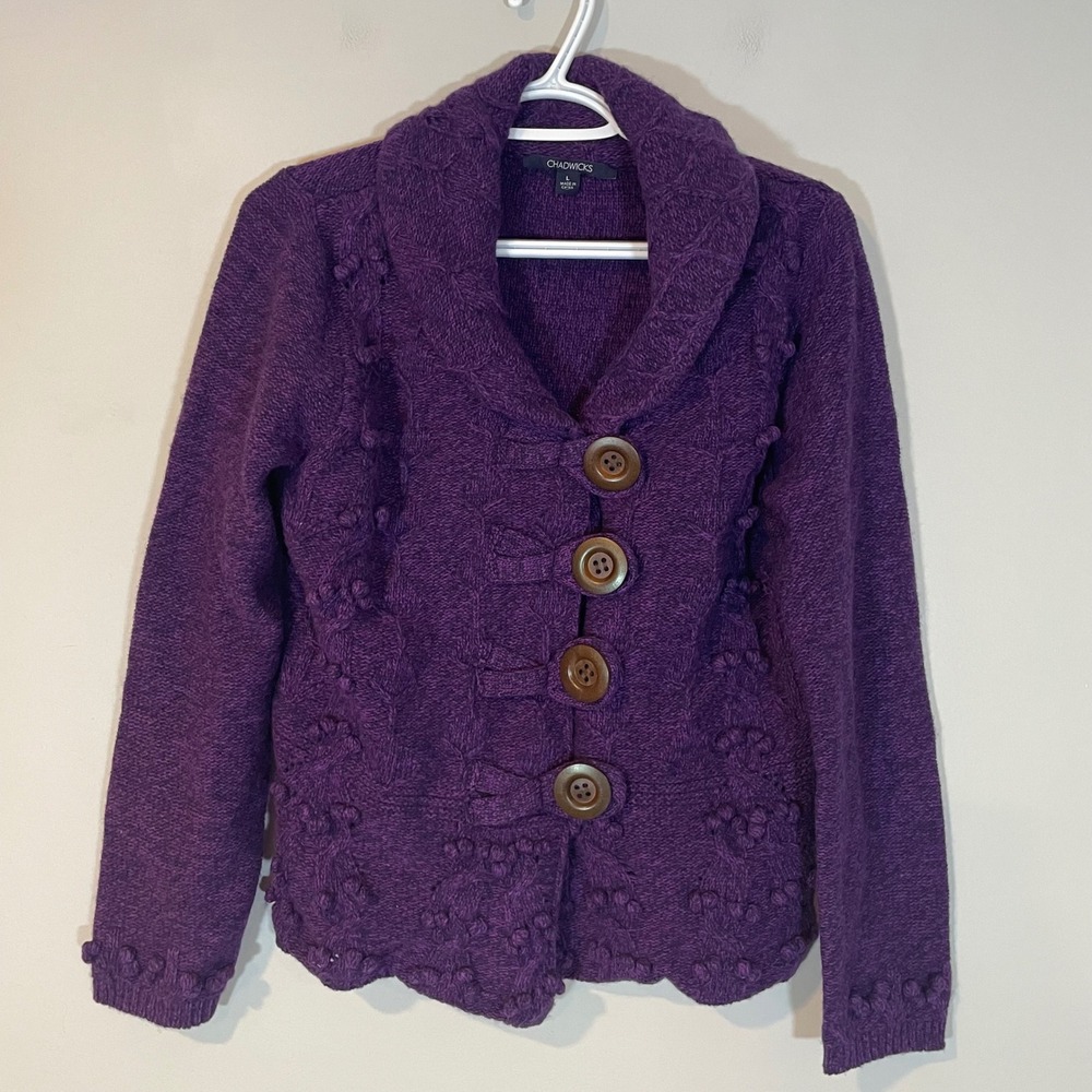 Chadwicks Purple Lambswool Blend Shawl Collar Bobble Cable Knit Cardigan‎ Large